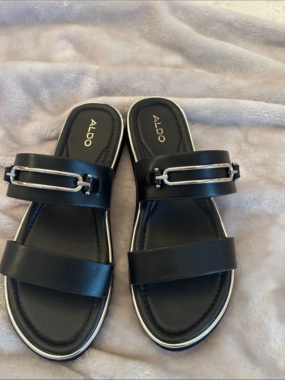 Aldo Black Slides with Silver Buckle Detail
